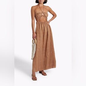 Faithfull the Brand Brown Printed Cutout Linen Maxi Strapless Maxi Dress